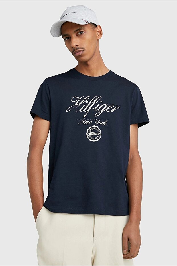 Slim Fit Cotton Script Print Granatowy Slim Fit T-Shirt
