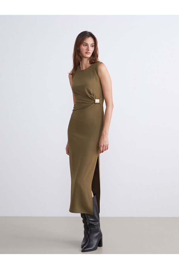 Özmarka New Season Crew Neck Gathered Crepe Dress