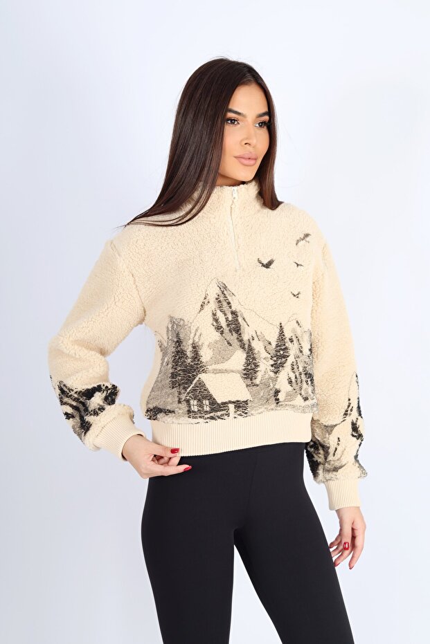 Üzeri Baskılı Fermuarlı Dik Yaka Peluş Hırka - 3