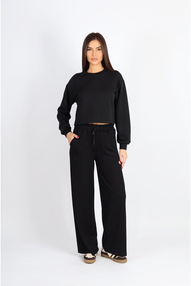 Bisiklet Yaka Crop Fit Siyah Modal Sweat - 6