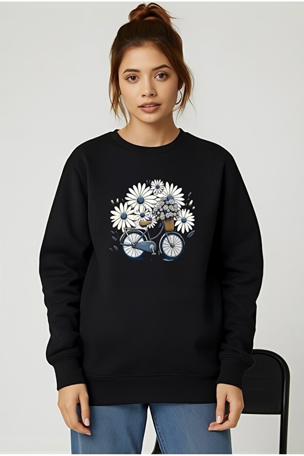 Flowered Bike Printed Oversize Unisex Women/Men's Cropped Sweatshirt