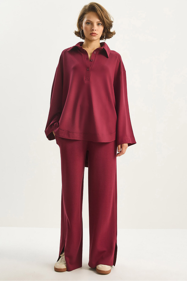 Women's Burgundy Button Detailed Polo Collar Relaxed Cut Modal Top and Bottom Set 4036 60283607
