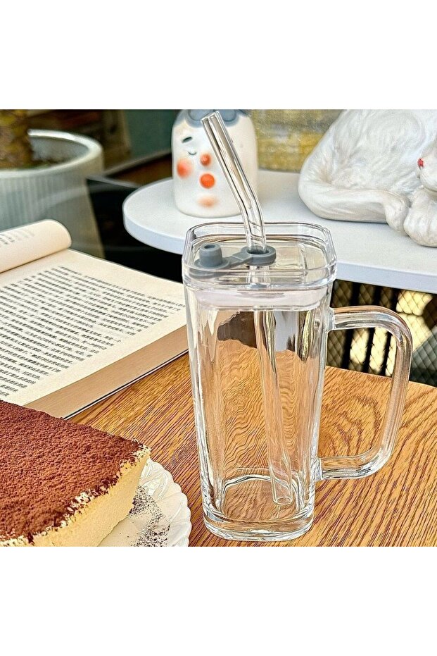Glass Soft Drink Cup, 330 ml, with Straw and Handle, Clear Model, Transparent - 2