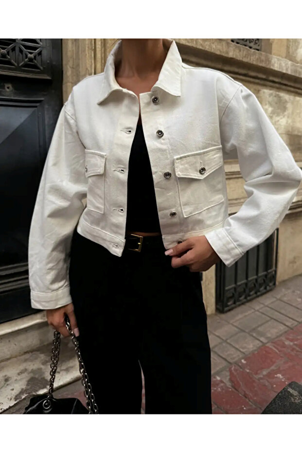 Çift Cep Denim Crop Ceket - 5