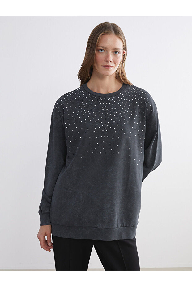 Crew Neck Stone Embellished Women's Sweatshirt