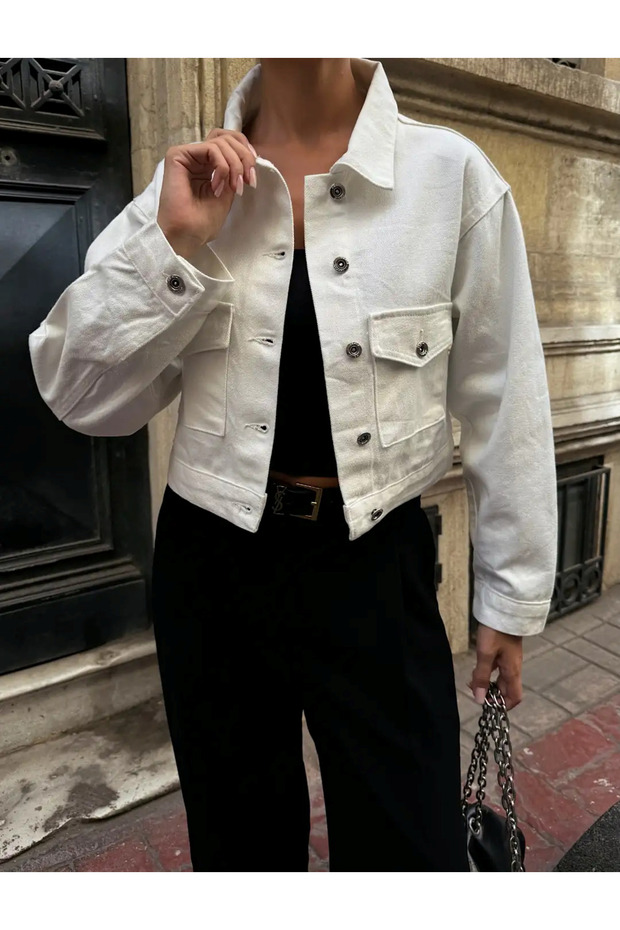 Çift Cep Denim Crop Ceket - 3