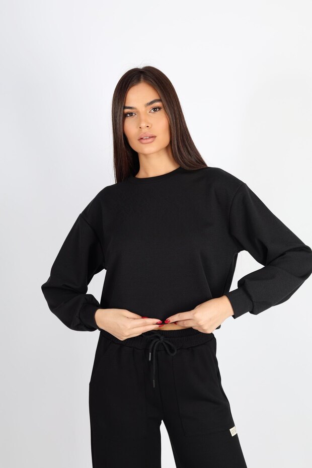 Bisiklet Yaka Crop Fit Siyah Modal Sweat - 4