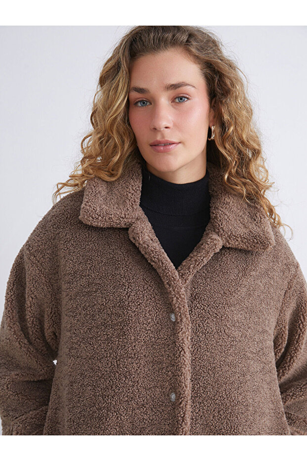 Lcw Modest Brown Shirt Collar Oversized Women's Plush Coat