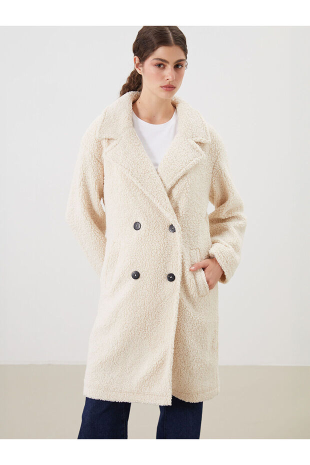 Two Mt Shop Quality Lcw Modest Beige Double-Breasted Collar Women's Plush Coat
