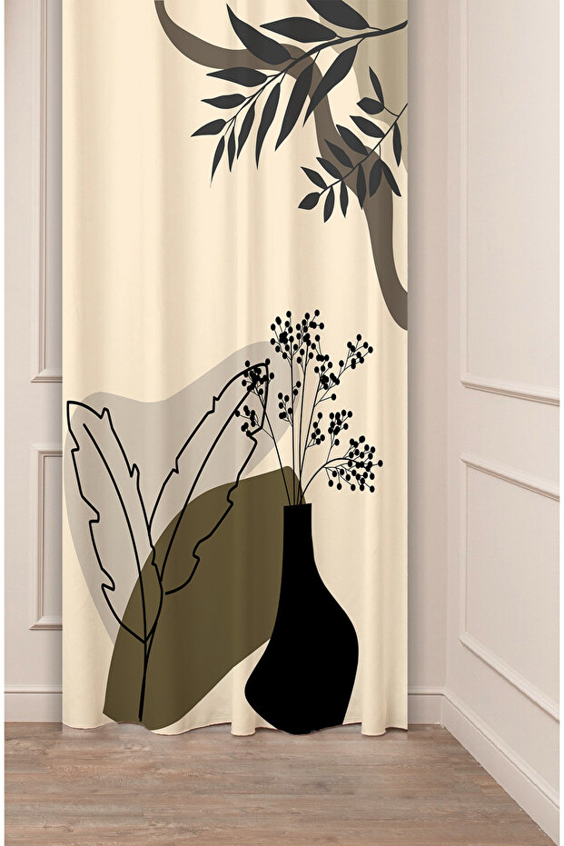 Leaf Vase Bohemian Minimalist Beige Cream Patterned Special Design Digital Printed (Single Wing) Stylish Background Curtain