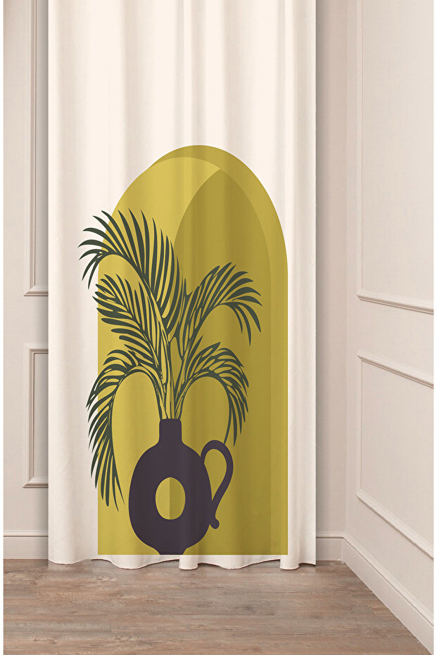 Leaf Vase Bohemian Minimalist Beige Cream Patterned Special Design Digital Printed (Single Wing) Stylish Background Curtain
