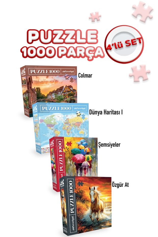 4 Pieces 1000 Piece Puzzle - Umbrellas and Free Horse and Colmar and World Map - I