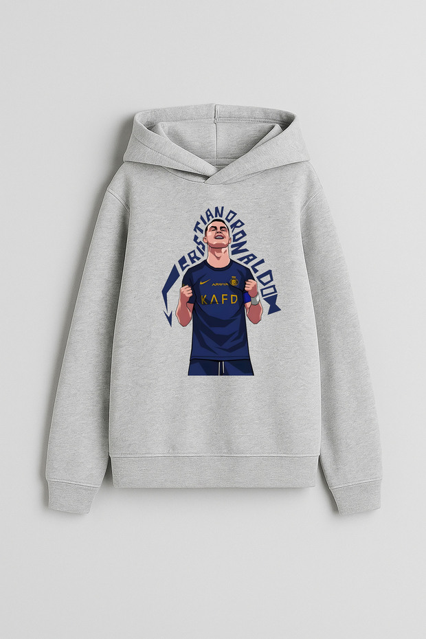 Football Player Ronaldo Printed Boys' Gray Hooded Sweatshirt Hoodie