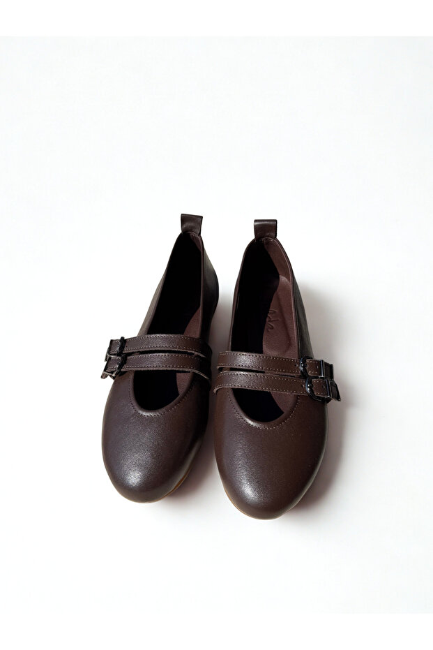Genuine Leather Women's Brown Mary Jane Ballet Flats Handmade Daily Comfortable Shoes