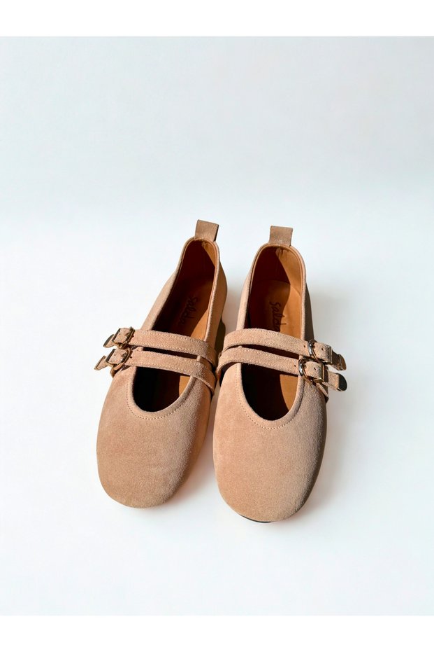 Genuine Leather Women's Powder Suede Mary Jane Ballet Flats - Handmade Daily Comfortable Shoes