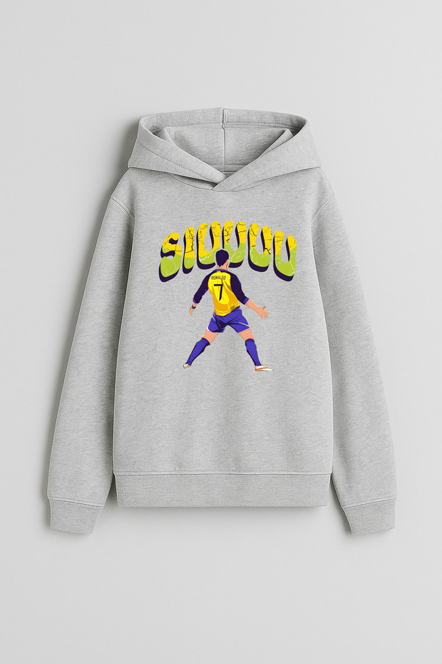 Football Player Ronaldo Printed Boys' Gray Hooded Sweatshirt Hoodie