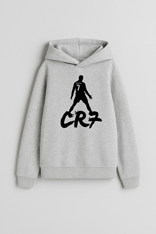 Football Player Ronaldo Printed Boys' Gray Hooded Sweatshirt Hoodie