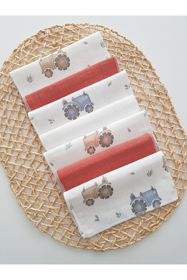 7-Piece Muslin Mouth Cloth with Tractor Pattern, 100% Cotton, Soft and Absorbent | Newborn Mouth Wipes