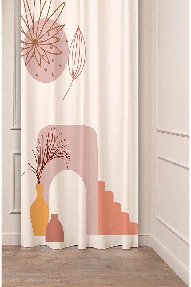 Leaf Vase Bohemian Minimalist Beige Cream Patterned Special Design Digital Printed (Single Wing) Stylish Background Curtain