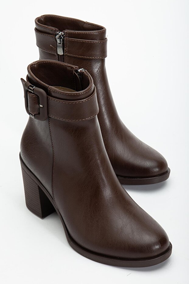 Brown Women's Heeled Boots Faux Leather Terrmo Sole Flat Bottom