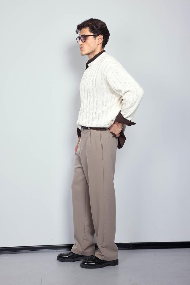 Erkek Oversize Örgü Desenli Triko Kazak Bej - 6