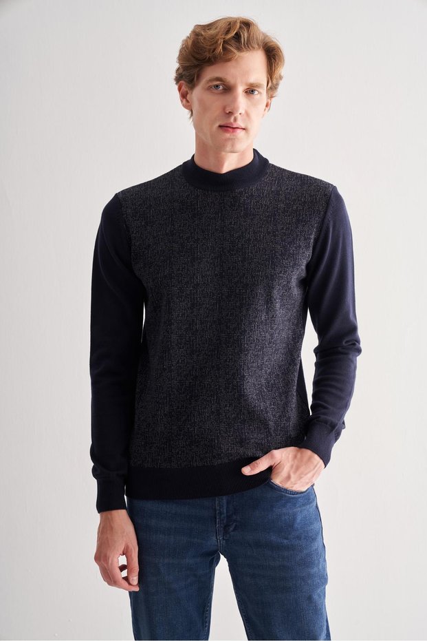 Navy Blue Half Turtleneck Long Sleeve Pocketless Comfort Fit Cotton Knitwear Sweater 1012255215