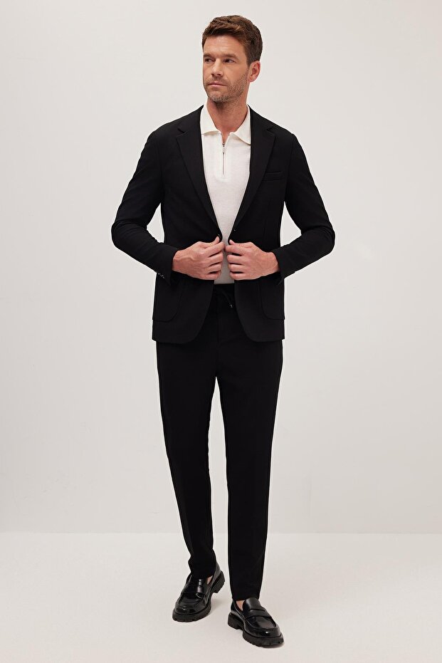 Men's Regular Fit Black Stretchy Lycra Fabric Mono Collar Bag Pocket Suit