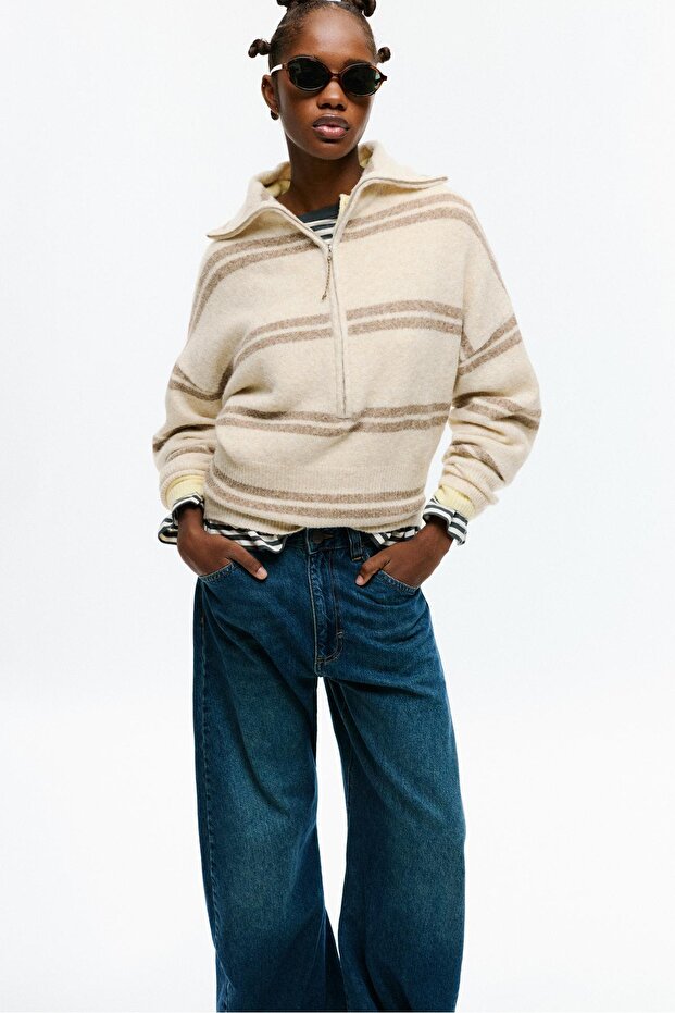 Geniş yaka fermuarlı kazak - 1