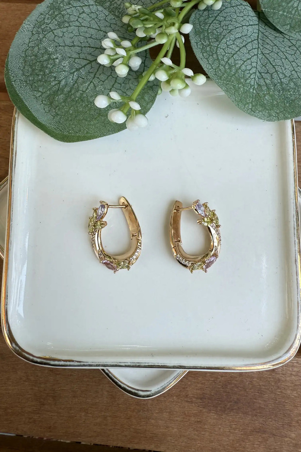 Stone Flower Design Earrings Steel Gold