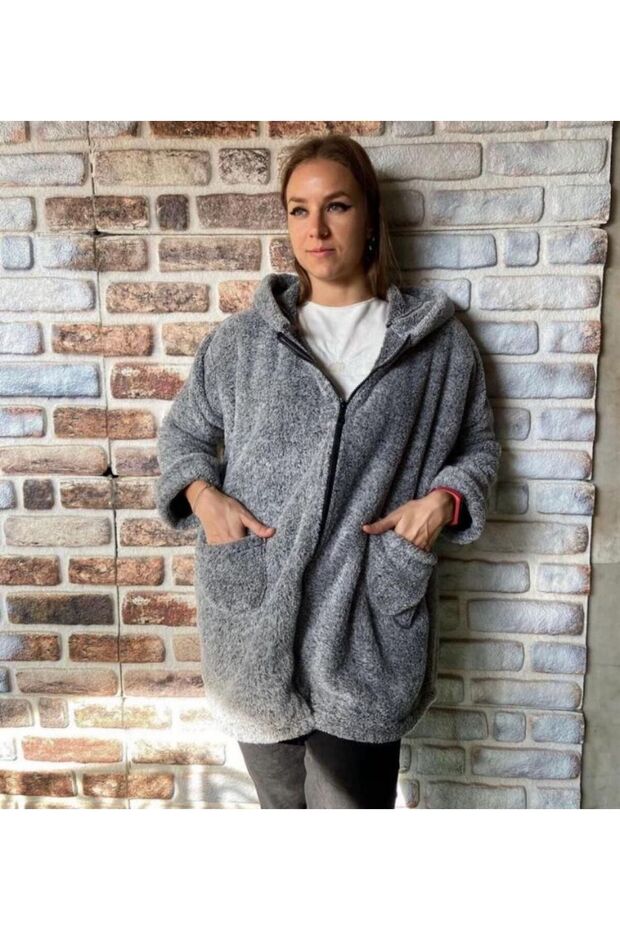 Women's Oversize Zippered Hooded Plush Welsoft Jacket