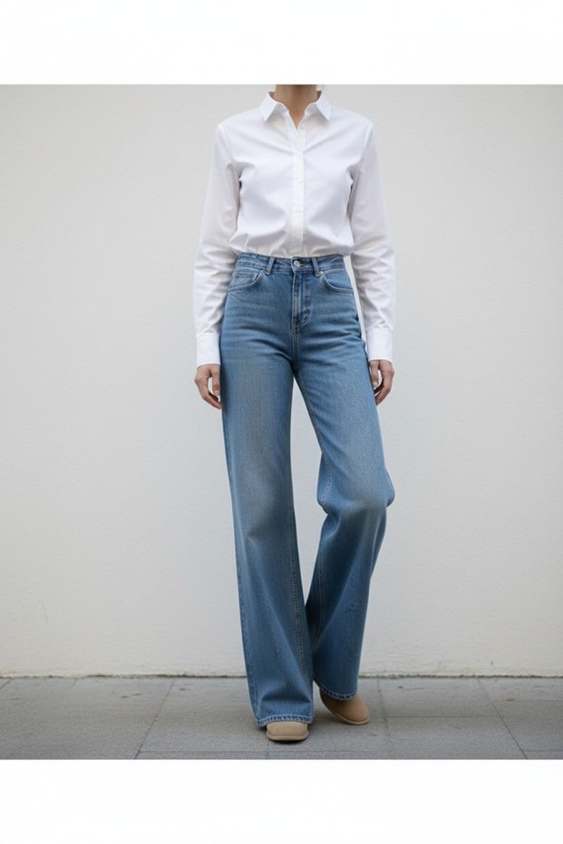 Women's High Waist 100% Cotton Wide Leg Baggy Jeans Comfort Fit