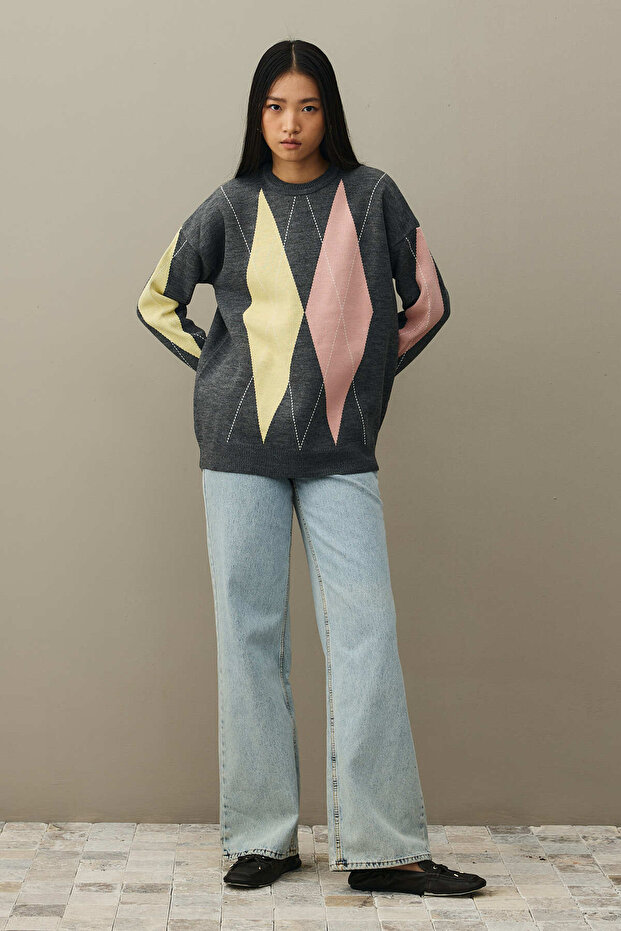 Baklavalı Oversize Kazak Antrasit - 2