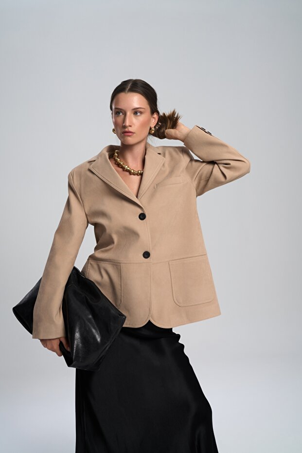 Orsina Beige Blazer with Slit Detail