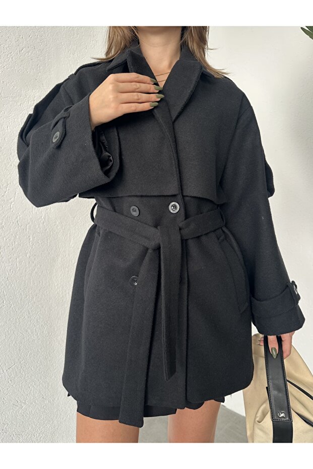 Double-Breasted Oversize Lined Pocketed Belted Cashmere Coat