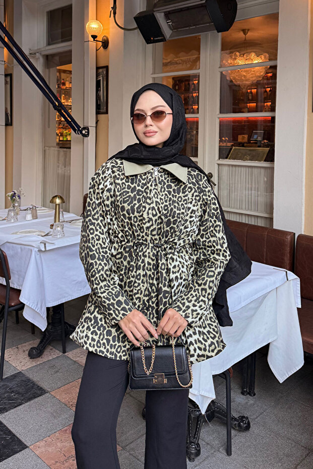 Women's Leopard Print Zippered Trench Coat Green