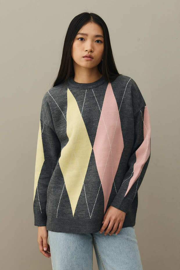 Baklavalı Oversize Kazak Antrasit - 4