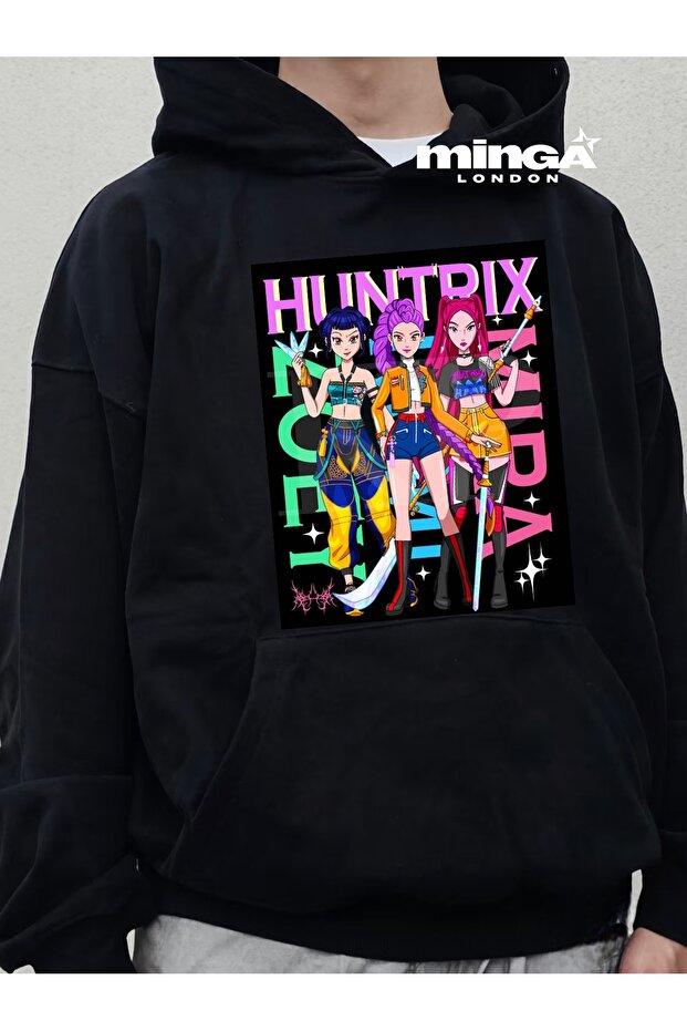 سويت شيرت أسود كبير الحجم مطبوع عليه Huntrix Demon للجنسين - مينجالدون