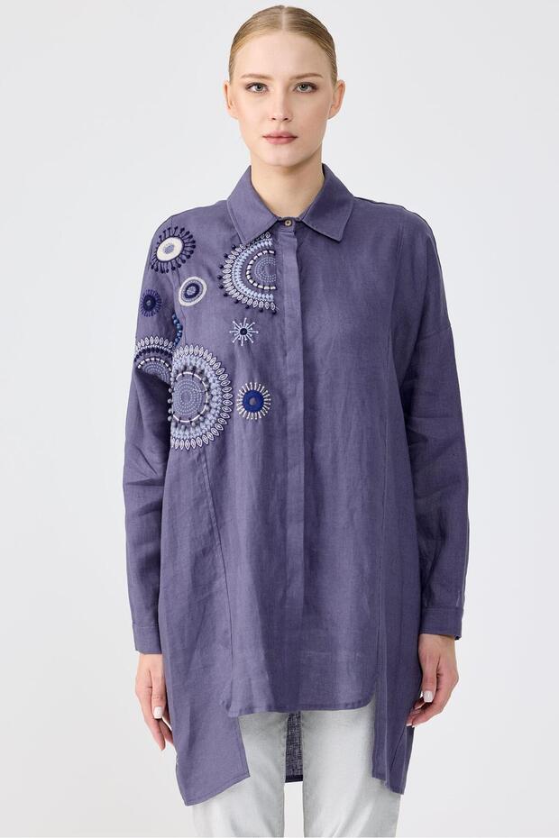 Robası İşlemeli Gömlek İNDİGO - 1