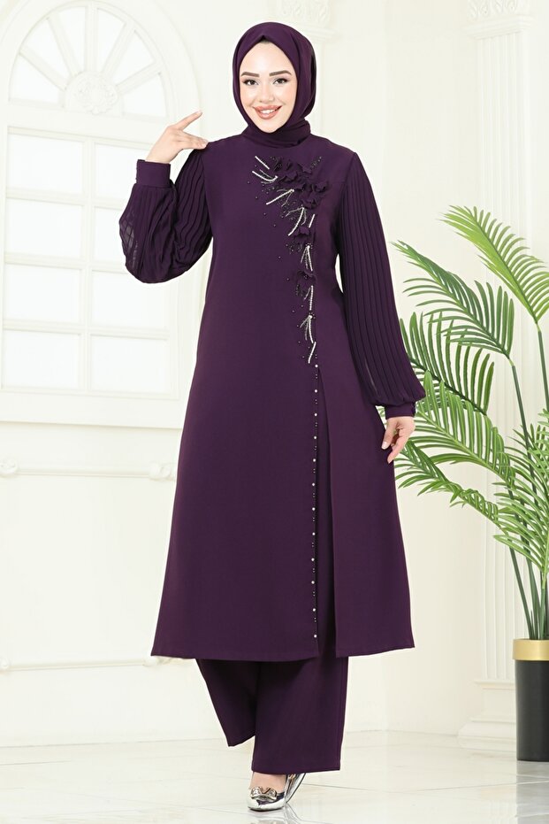 Yırtmaç Detaylı Şık Takım 8058ABK1075-MS Mürdüm - 3