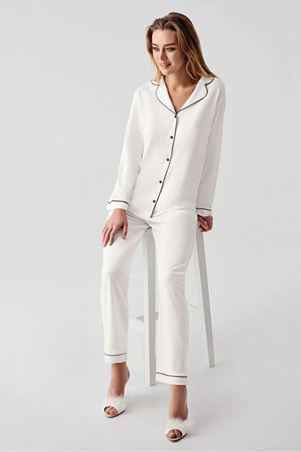 Peri̇n Soft Textured Shirt Collar Front Buttoned Long Sleeve Women's Pajama Set