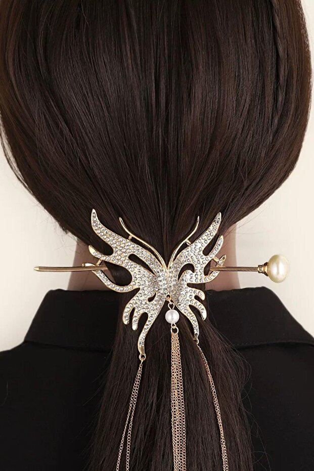 Rose Color Butterfly Figured Stone Hanging Bun Buckle
