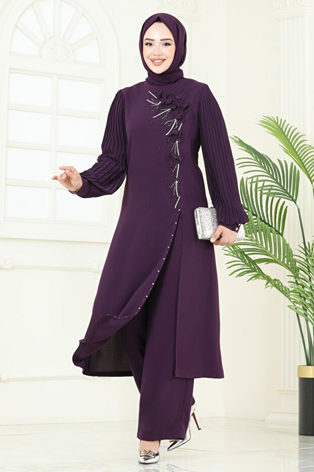 Yırtmaç Detaylı Şık Takım 8058ABK1075-MS Mürdüm - 2