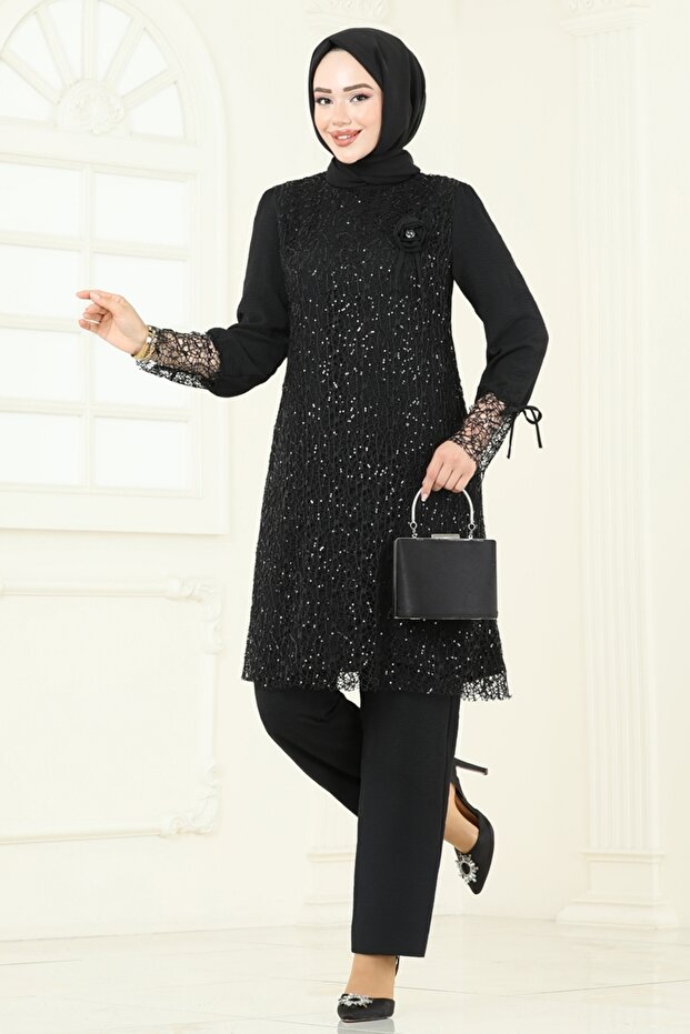 Broşlu File Payet Takım 2547ELC1143-MS Siyah - 2