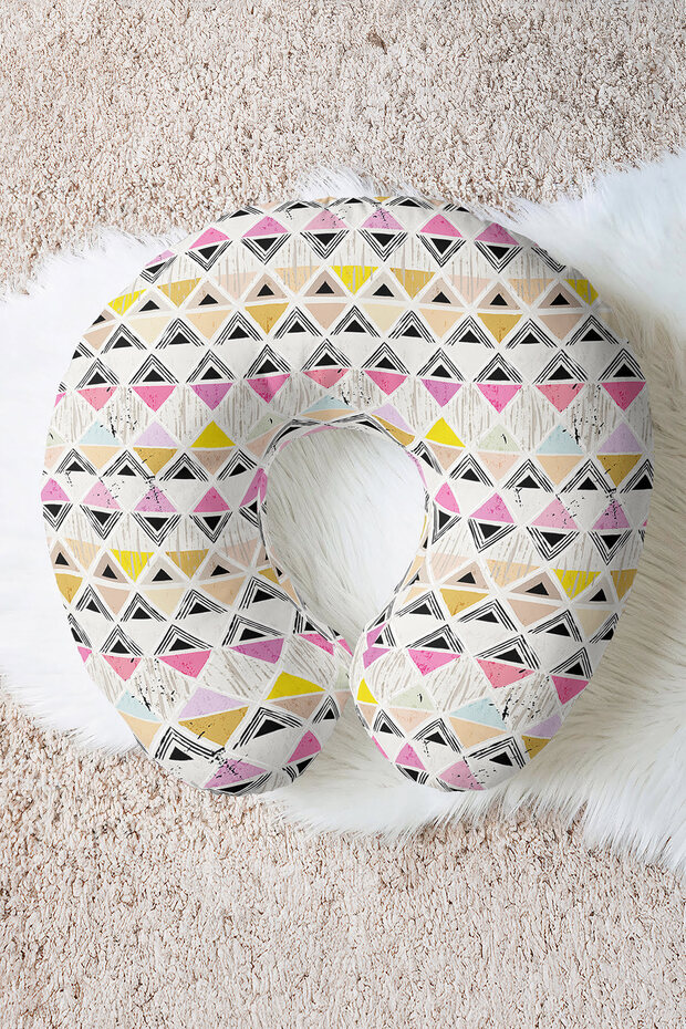 Tribal Geometric Patterned Cotton Neck Pillow - Modern Pastel Yellow Pink Black Travel Pillow