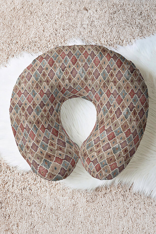 Authentic Patterned Cotton Neck Pillow - Classic Geometric Pattern Cream Tile Travel Pillow