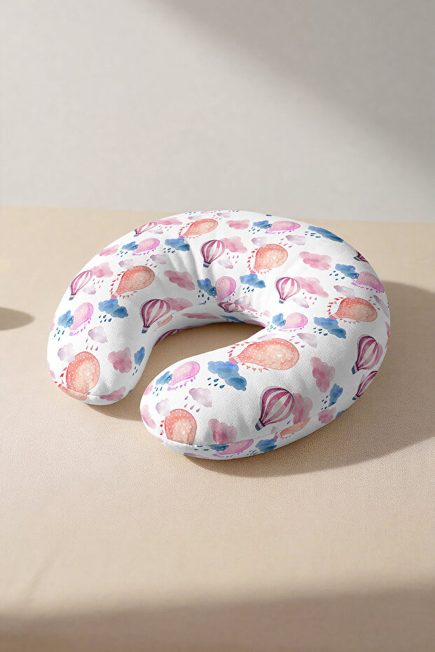 Colorful Balloon Patterned Cotton Neck Pillow - Pastel Cloud Themed Pink Blue Travel Pillow