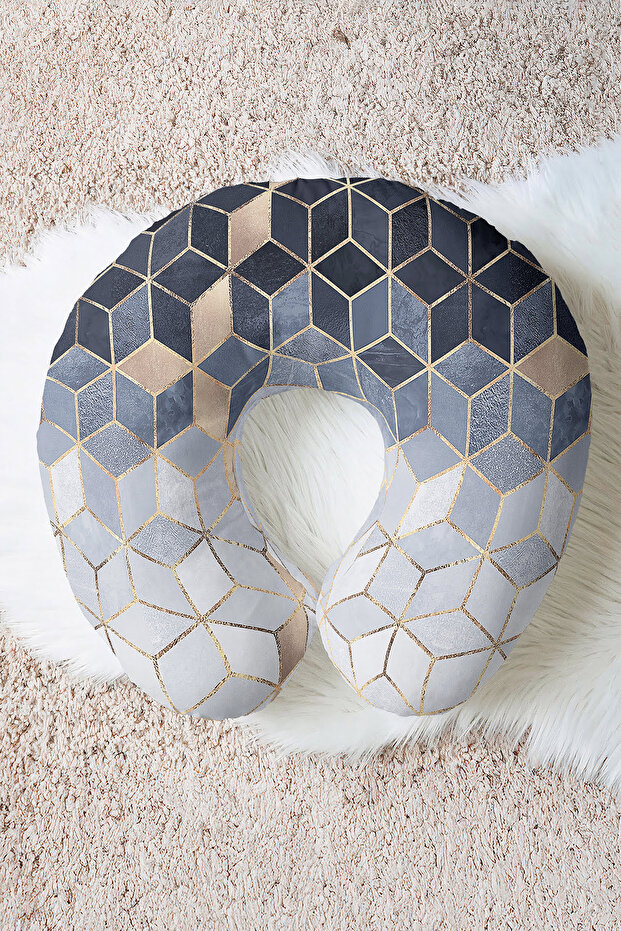 Geometric Gold Stripes Ergonomic Neck Pillow - Modern Navy Blue Gray Soft Travel Pillow