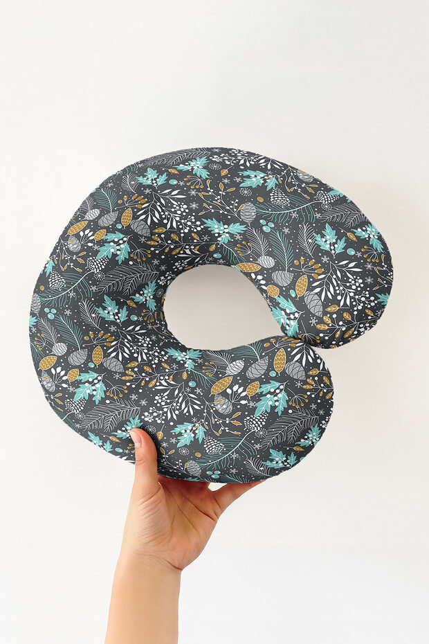 Cotton Neck Pillow with Pine Branch Leaf Pattern - Natural Botanical Gray Green Adult Travel Pillow