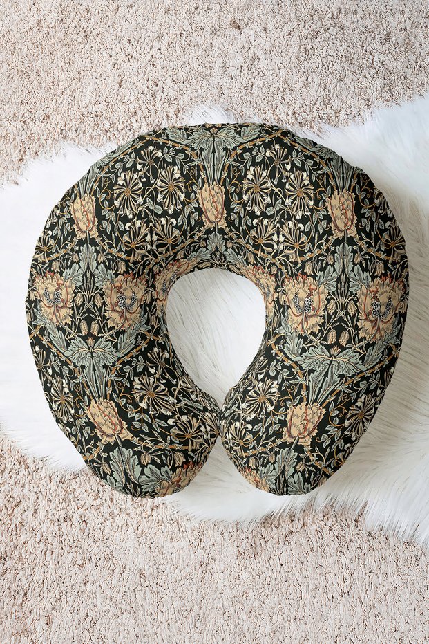 Vintage Floral Pattern Ergonomic Neck Pillow - Classic Black Beige Soft Travel Pillow