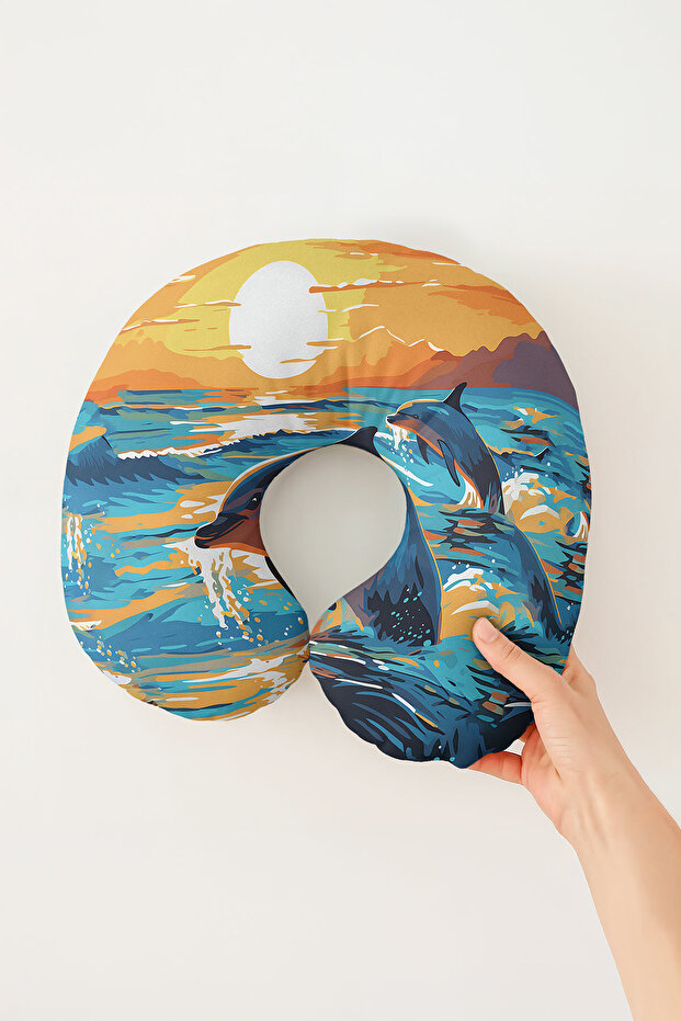 Sea View Dolphin Ergonomic Neck Pillow - Sunset Orange Blue Soft Travel Pillow